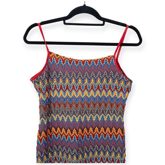 Vintage Y2K Eye Candy Zigzag Multicolor Knit Midi Dress With Red Spaghetti Strap - Picture 4 of 11
